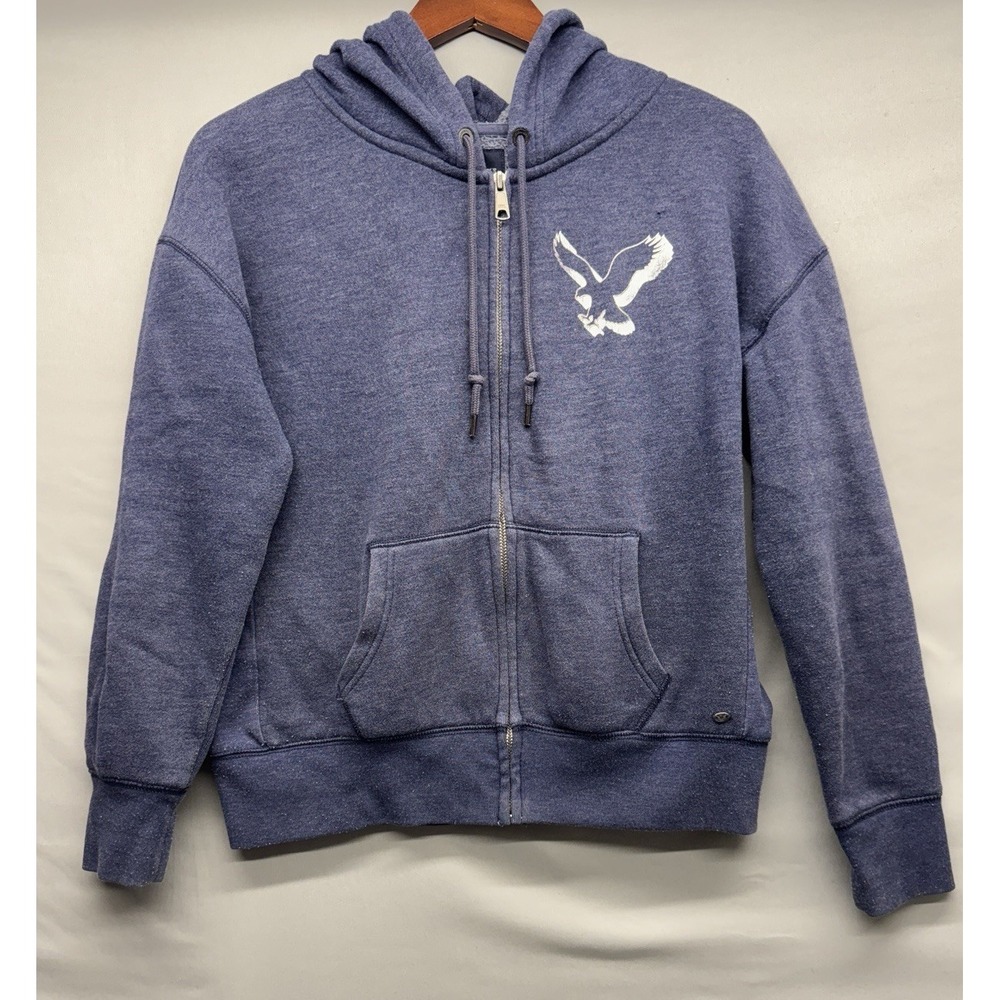 American Eagle Womens Y2K Hoodie Medium Full Zip Logo Fleece Sweatshirt Blue *